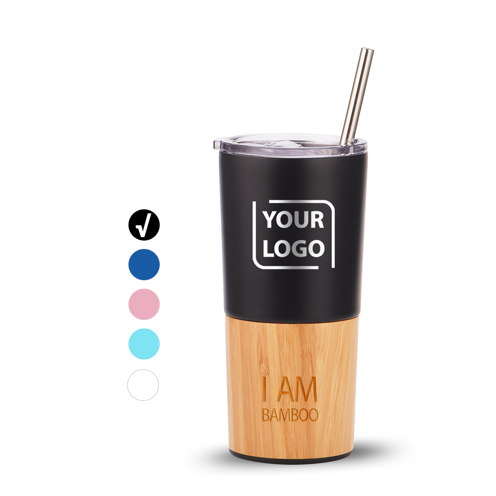 New Design 20oz Bamboo around Coffee Tumbler Double Wall 20oz 18 8 Stainless Steel Vacuum Insulated Powder coat Black Tumbler