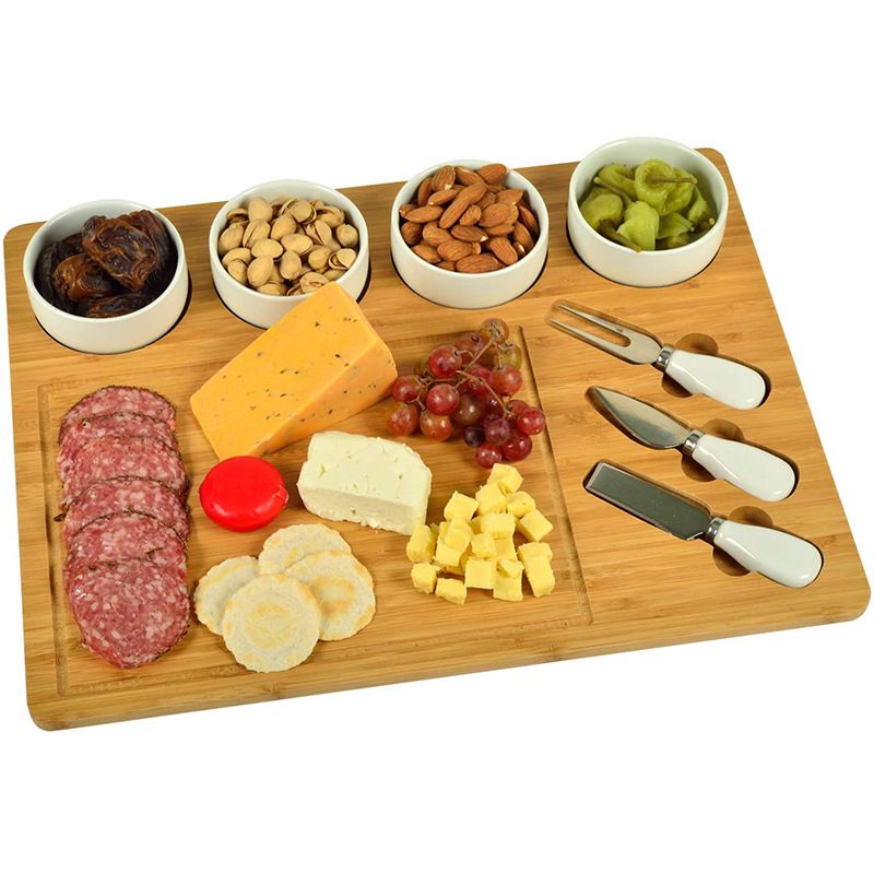Knife Set Bamboo Chopping Picnic Sublimation Table Personal Cutting Cheese Board With 4 Ceramic Bowl