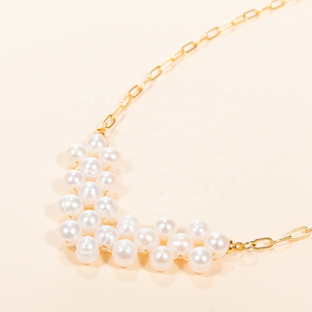 18k real gold plated oval brass chain fresh water pearls handmade angel wing shape necklace for women jewelry