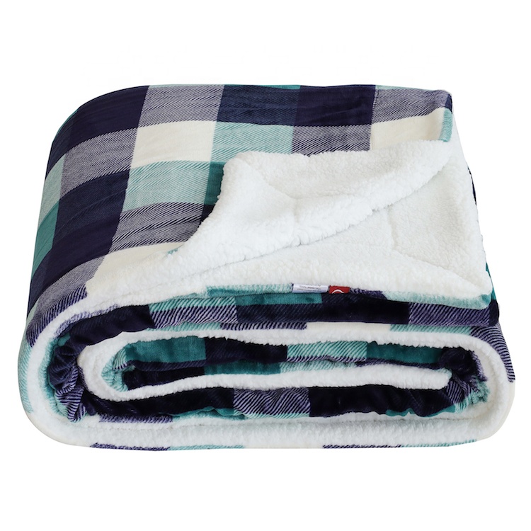 Blended fabric for blanket,Sauna woolen blanket,Green/White double-sided checkered super soft sherpa fleece throw blanket sofa,