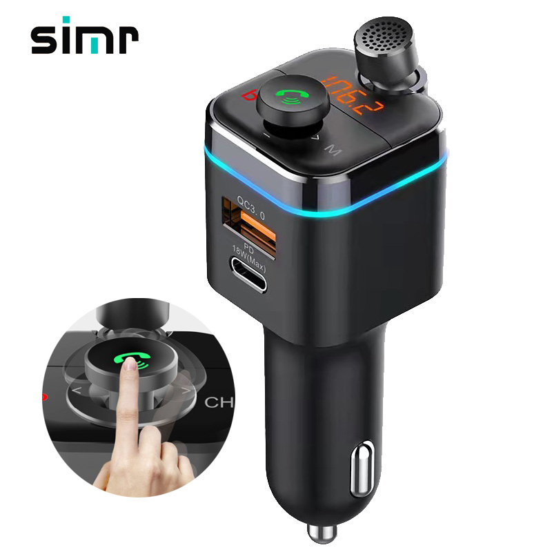 Simr BT5.0 поворотный микрофон-зонд автомобильный набор, свободные руки, басы громкой связи Bluetooth гарнитура для авто беспроводной FM передатчик QC3.0 20 Вт + PD18W USB зарядное устройство автомобиля MP3 плеер