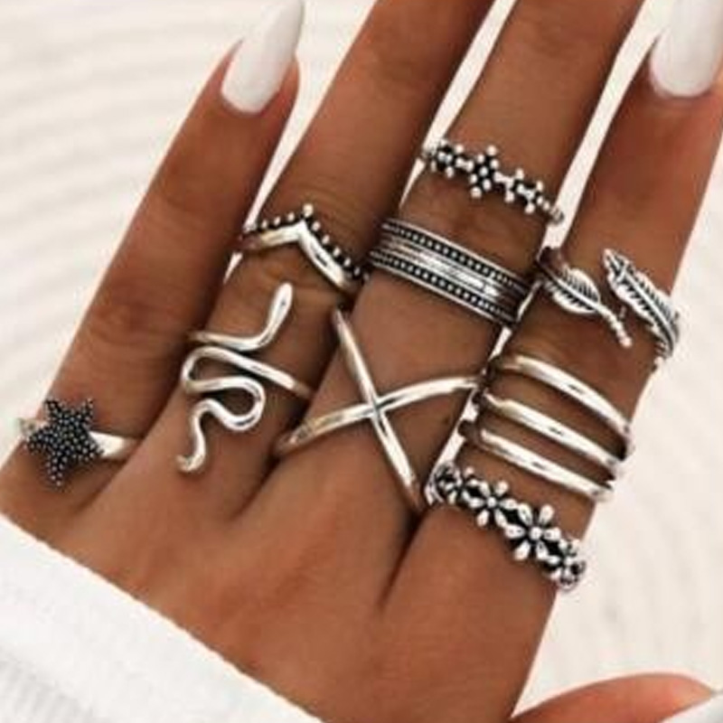 Bohemian Style Leaf Flower Snake Cross Rings Women Vintage Silver Plated Knuckle Finger Ring Set