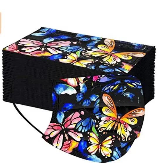 50Pcs/Bag Butterfly Dis-posable FaceMasks Adults 3 Ply Comfortable Protective Breath Printed Maskes Outdoor Festival Party