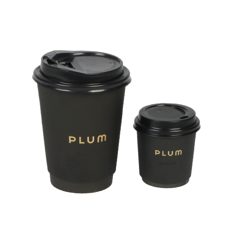 4oz 8oz 12oz Disposable Double Wall Gold Foil Stamping Custom Logo All Black Hot Coffee Paper Cup With Lid
