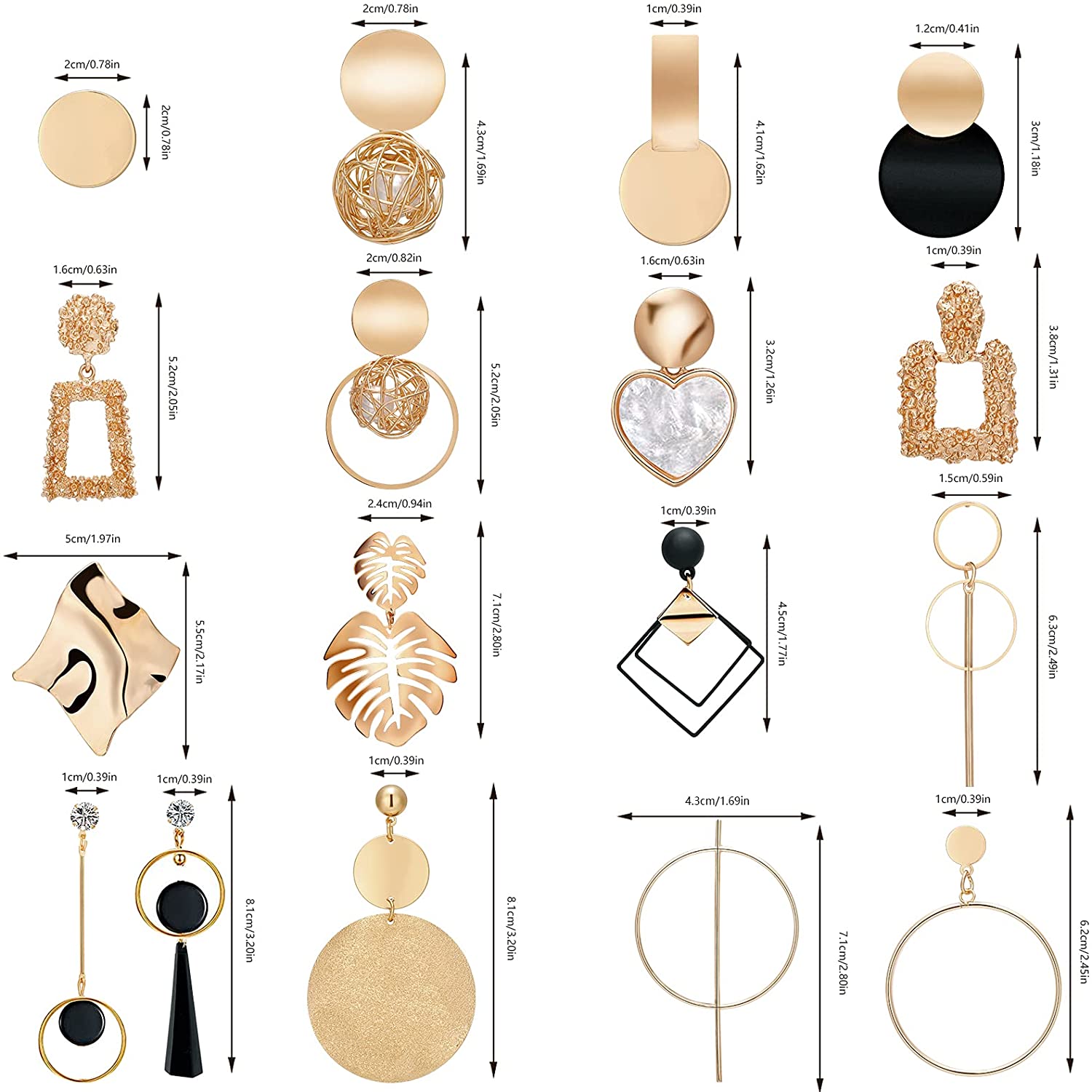 16 Pairs Gold Statement Earrings Big Geometric Stud Large Drop Dangle Earring