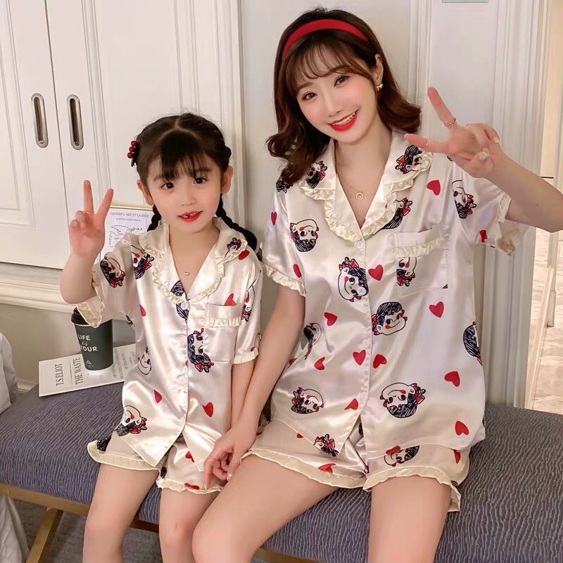 2021 New Summer Girl Silk Children'S Pajamas Short Sleeve Thin Baby Girl Princess Children Mother Daughter Parent Child Dress