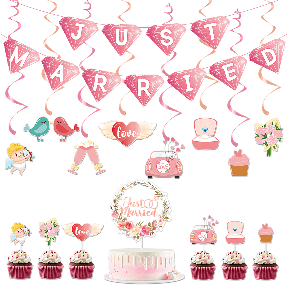 Just Married Banner Bridal Shower Wedding Party Decoration & supplies-old with cake topper hanging swirls and cupcake topper