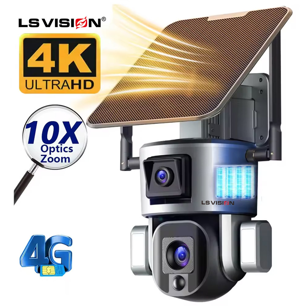 LS VISION 4K 4G Solar Camera Outdoor 8MP Surveillance Camera With Solar Panel Dual Lens 10X Optical Zoom PTZ Security Cam WIFI