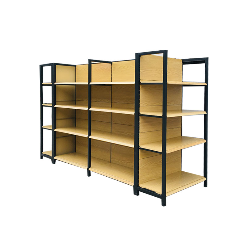 High Quality Gondola Supermarket Shelf With End Shelf Heavy Duty Cold-Rolled Steel Wood Grain Display