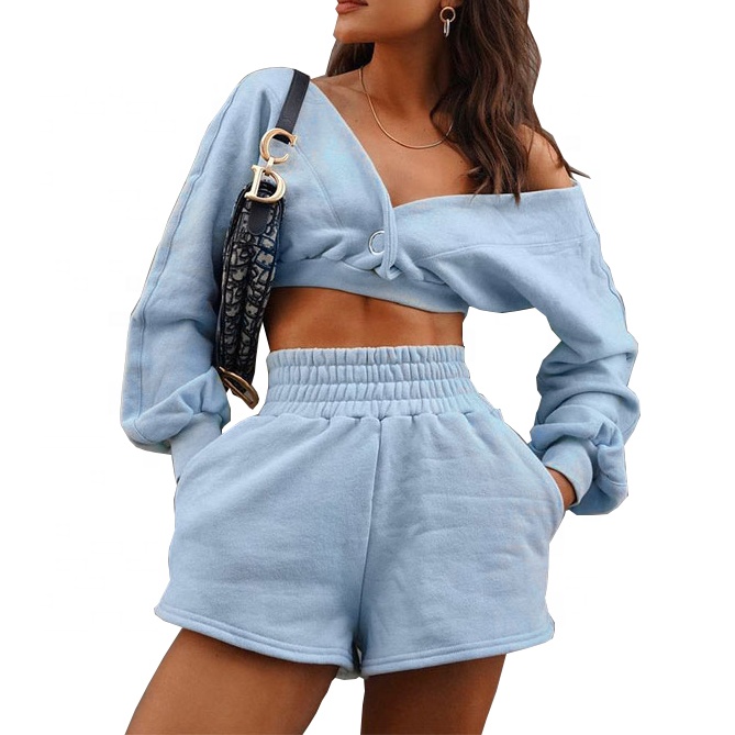Custom Logo Fall Sexy V Neck Pullovers Woman Long Sleeve Sweater And Shorts Jogger Set Casual 2 Piece Set Women