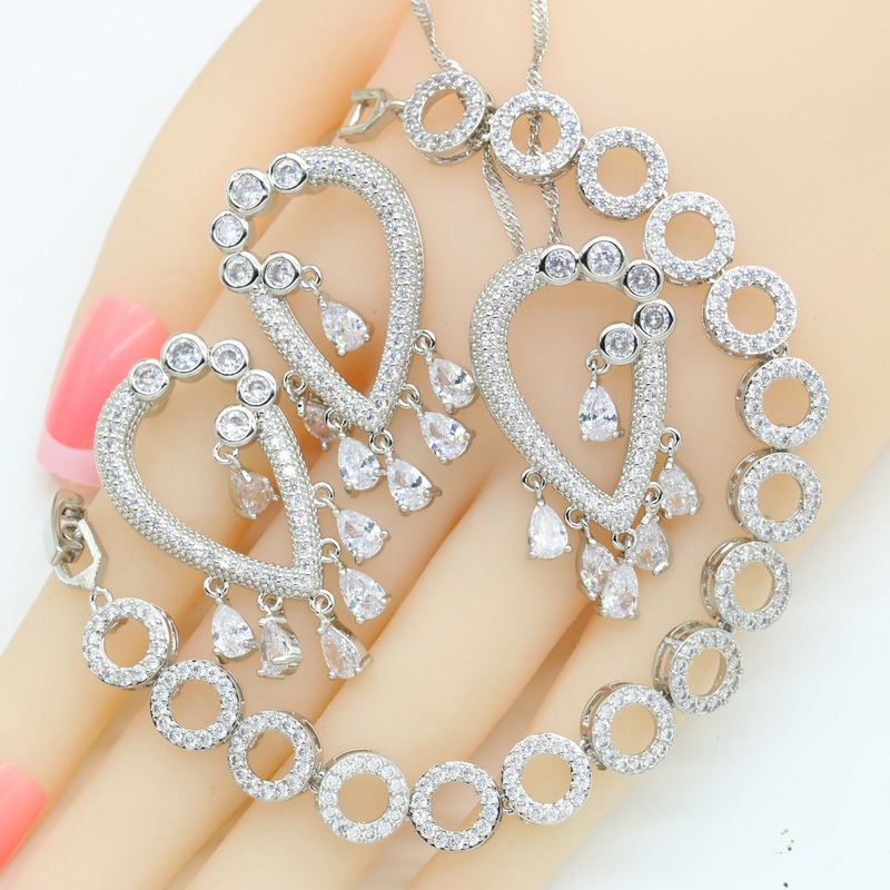 2021 New White Zirconia Silver Color Wedding Jewelry Sets For Women Necklace Pendant Bracelets Earrings