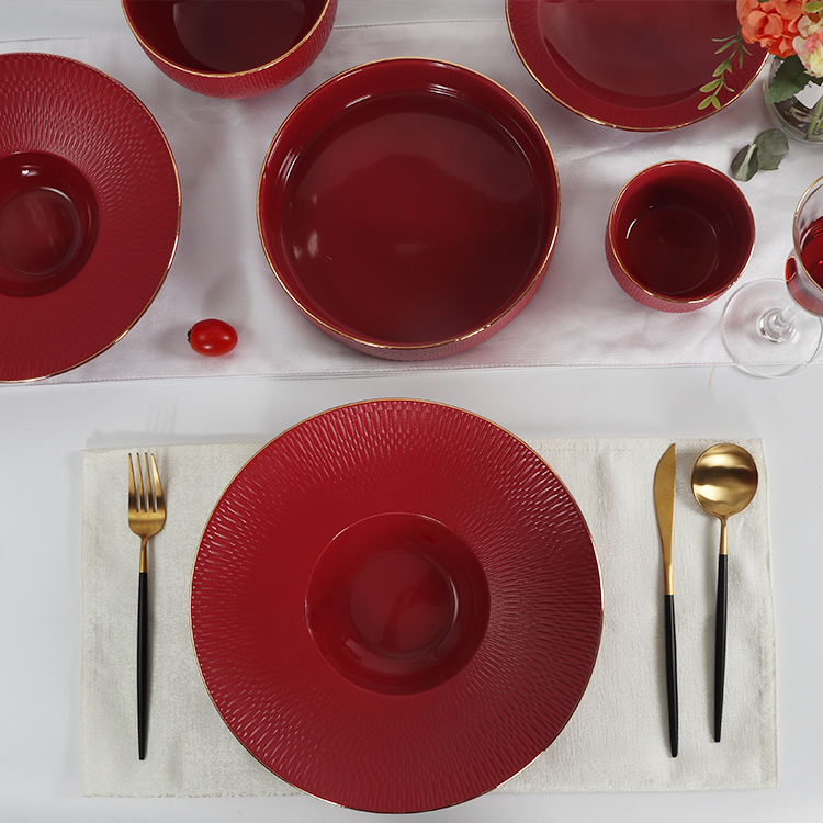 Round Red Color Gold Margin Dinner Service Dining Room Ceramic Paset Plates