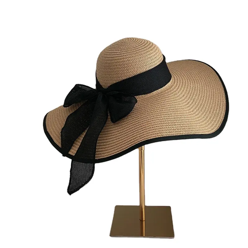 Соломенные шляпы для женщин, пляжные солнцезащитные шляпы, мягкая шляпа с полями, новые кружевные женские летние шляпы, сумка, простые полосатые, с индивидуальным логотипом