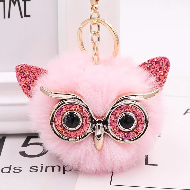 Girl Cute Sequin Ears Owl Keychain Fluffy Artificial Rabbit Hairy Pompom Keychain