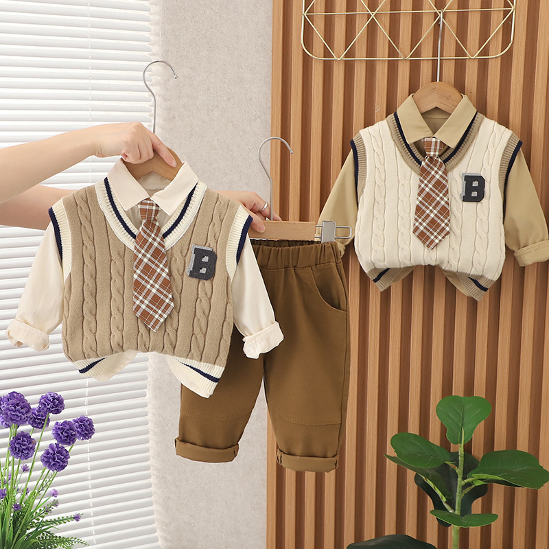 New Gentleman Style SPring Autumn Kids Outwear 3pcs Casual Boys Clothing Sets
