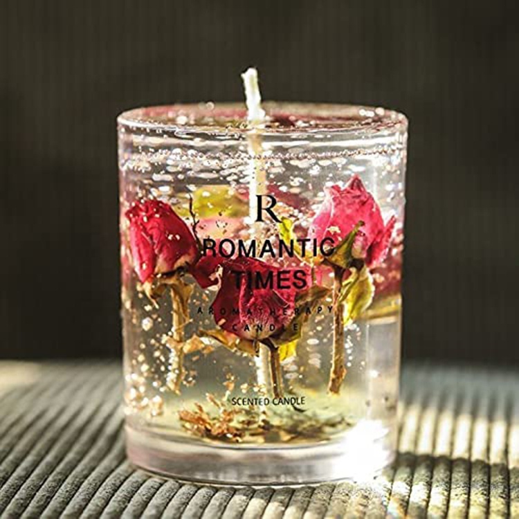 Private Label Gift Summer Dried Flower Wooden Wick Scented Luxury Gel Jelly Jar Glass Candles