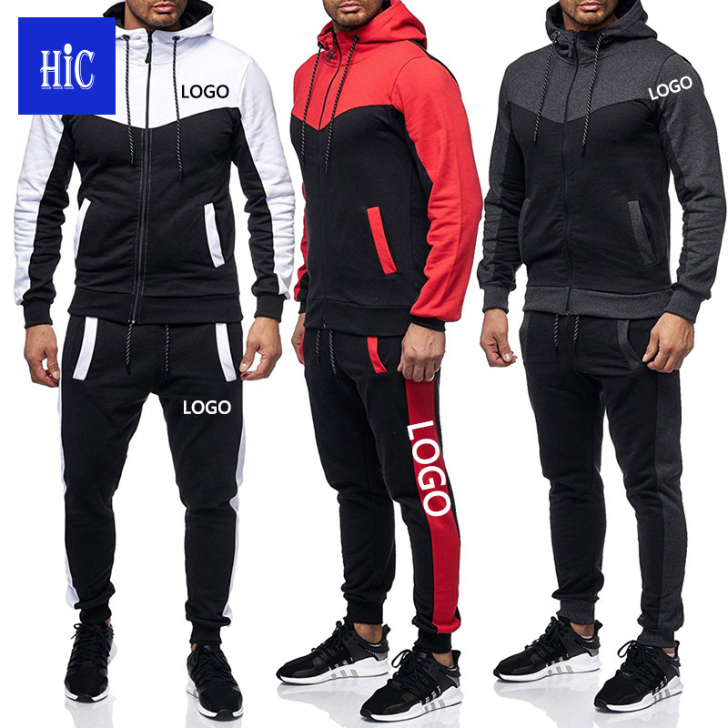 HIC Winter Casual 65%Polyester 35%Cotton Men's Sweatsuit 2 Piece Hoodie Tracksuit Custom Knitting LOGO Contrast Color Sweat Suit
