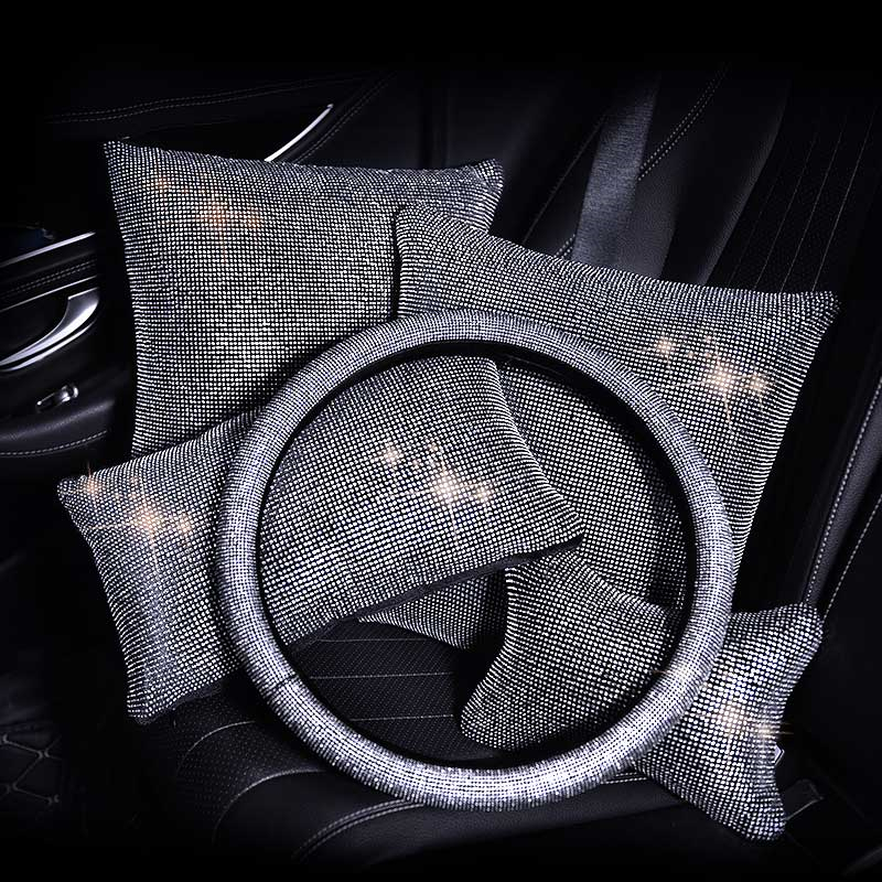 Bling Rhinestones Crystal Car Interior Accessories Diamond Steering Wheel Cover Neck pillows Waist Support Handbrake Shift Set