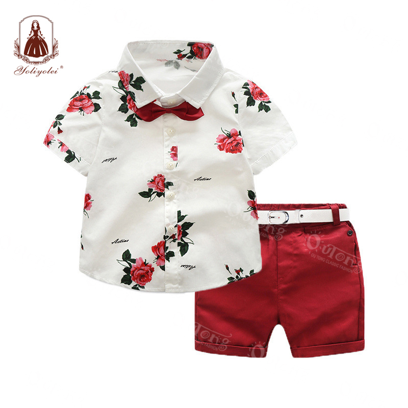 Summer Boys Clothing Sets Children Clothing Set Kids Boy Clothes Flower Tie Shirts+Shorts 2pcs Gentleman Suit
