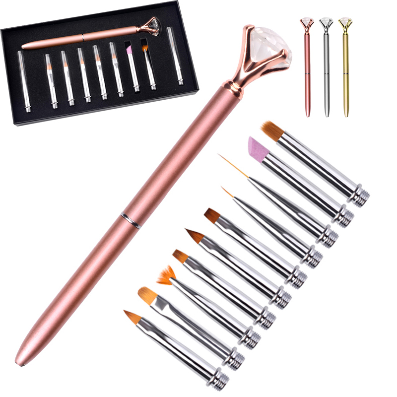 10pc Nail Art Pen Brush Set Replace Head Metal Diamond Cuticle Remover Crystal Flower Drawing Painting Liner Design Nail Tool