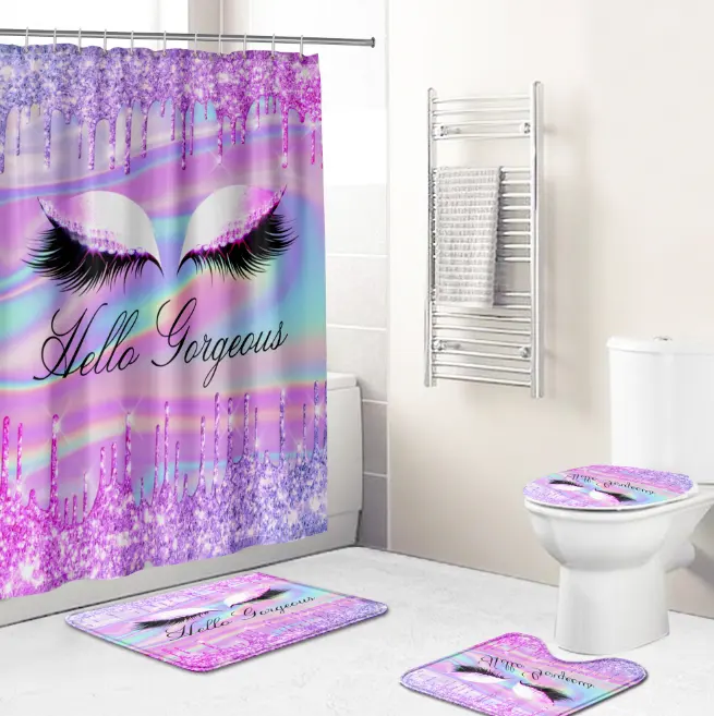 Amazon best sell 4PCS/Set Pretty Eyelash Shower Curtain Bling Purple Hello Gorgeous Bathroom Decor