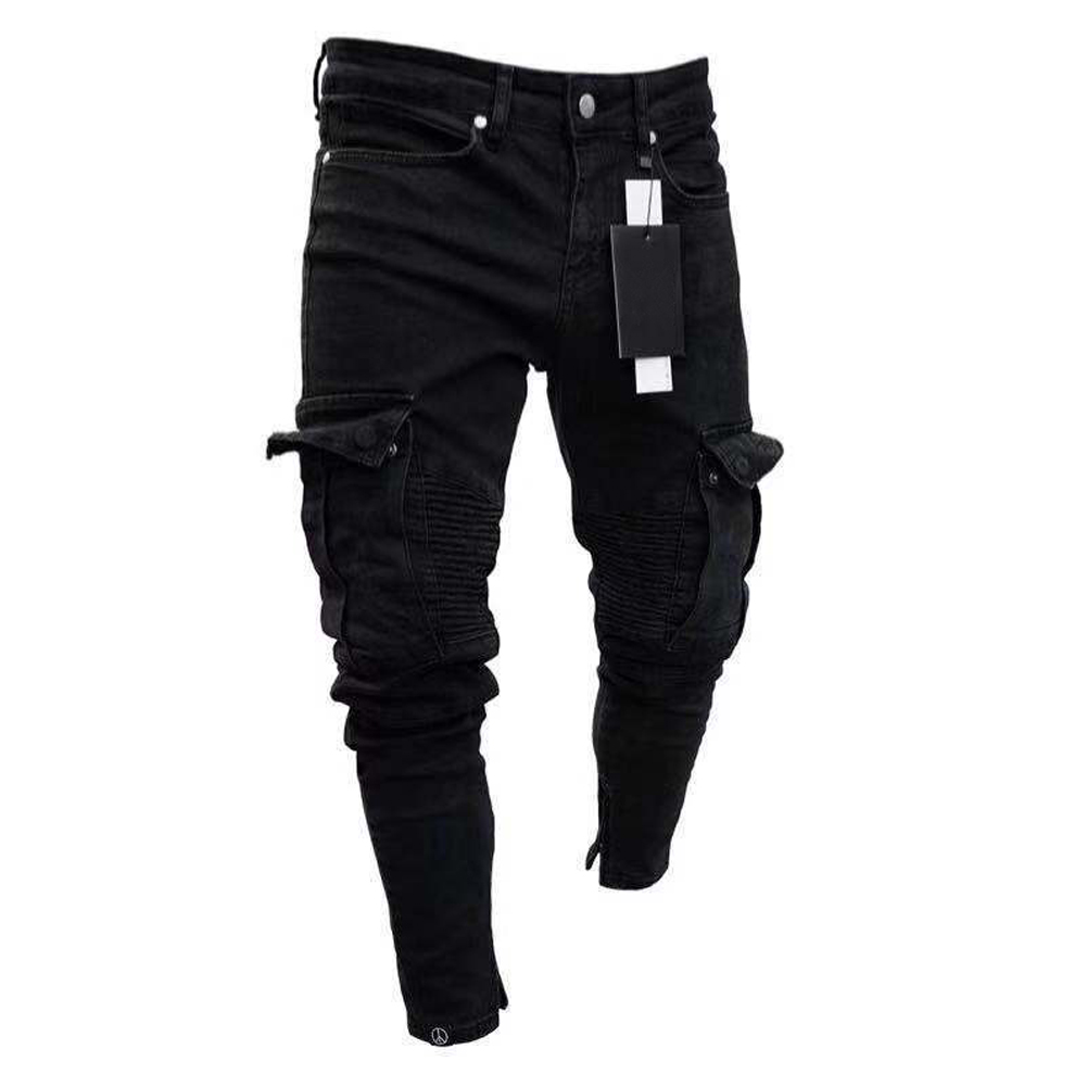 LILUO Men Customize LOGO Denim Jeans 2021 spring men jean 3D pocket cargo pants elastic waist jeans with string.
