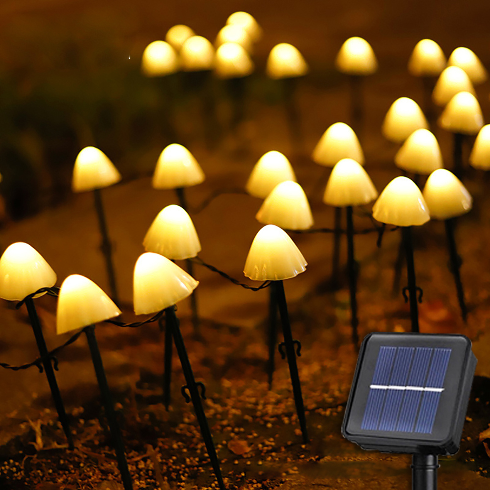 Outdoor LED Solar String Light Garden Mushroom Lamp IP65 Waterproof Light Fairy WarmWhite