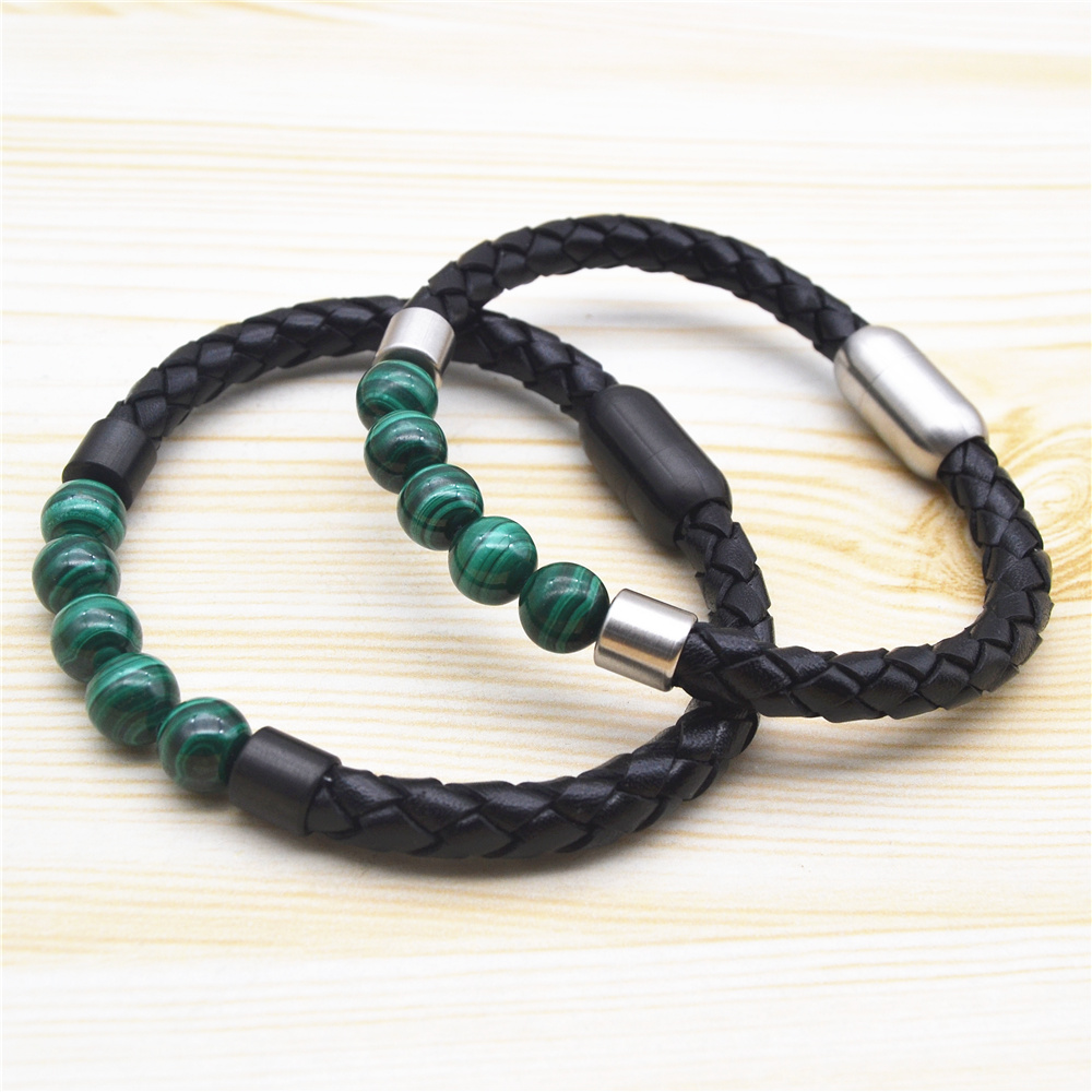 bestfriend green jade men accesories custom stainless steel magnetic leather braided friends crystal malachite bead man bracelet