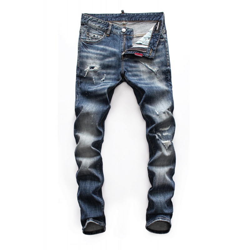 Stretch denim 2021 summer mid-waist zipper men jeans male washed micro-elastic slimming holes and scratched DSQ2 long pants