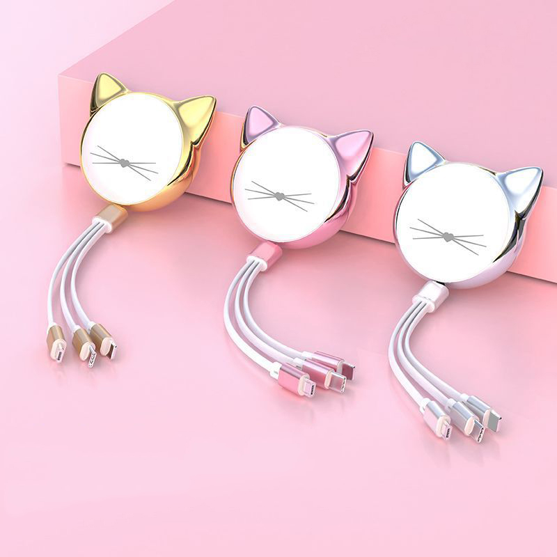 Cute Cat Micro USB Type C 5 Gears Retractable 3 in 1 Charging Cable Mini Box Storage Cable For Various mobile phone