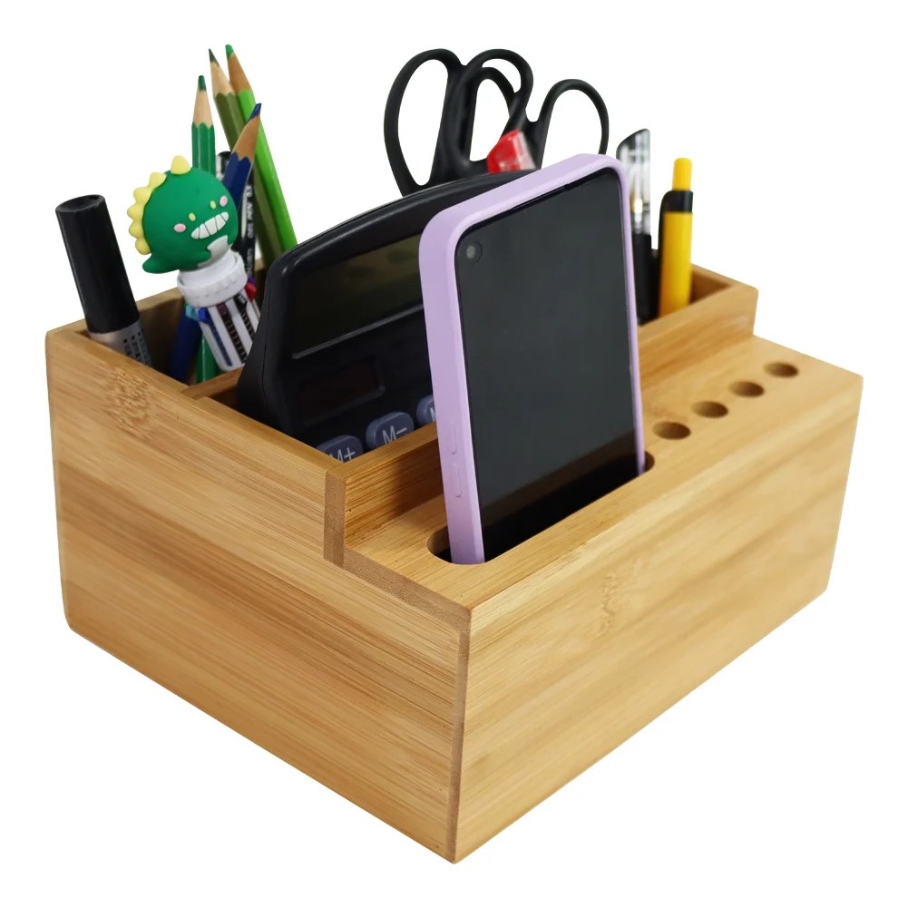 Wooden Desk Organiser Pen Box, Desk Tray - Office Organisation,Holder Storage Tray, Bamboo Pen Holder For Desk