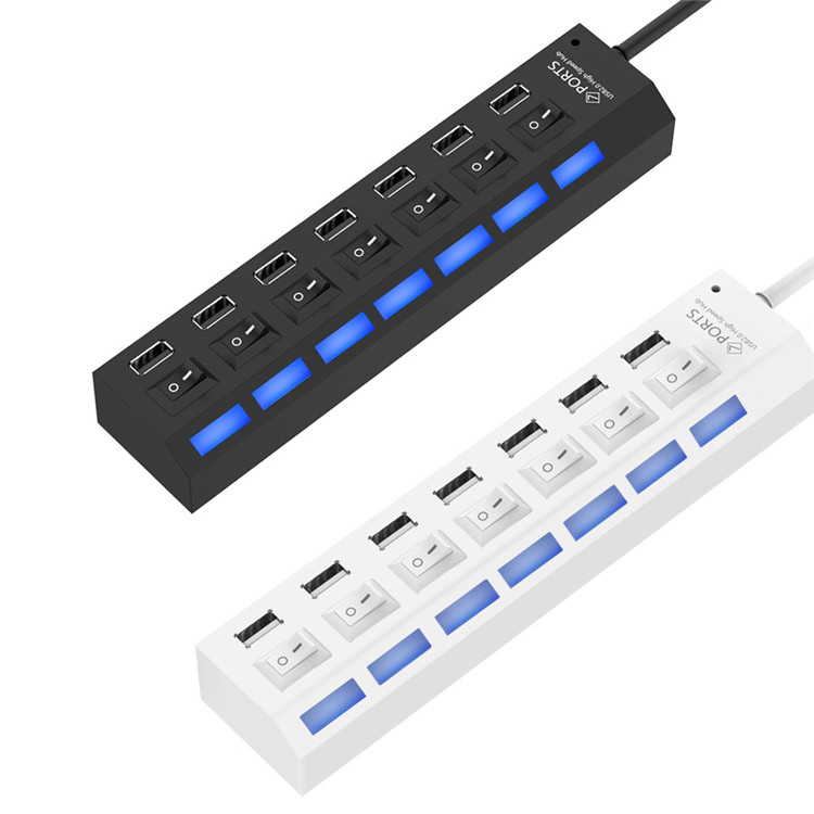 Новый многопортовый USB-концентратор 2,0, высокоскоростной адаптер с 7 портами, USB-концентратор с переключателем включения/выключения, портативный USB-разветвитель для компьютера и ноутбука