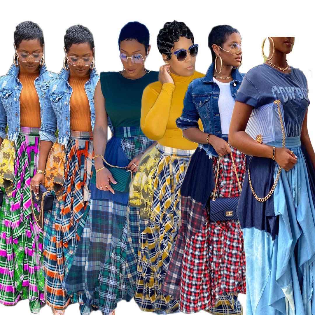 Autumn Summer Maxi Skirt Plaid Printed Elastic Waist Loose Lady Skirt Street Wear Ladies Dress Casual Plus Size Womens Skirts