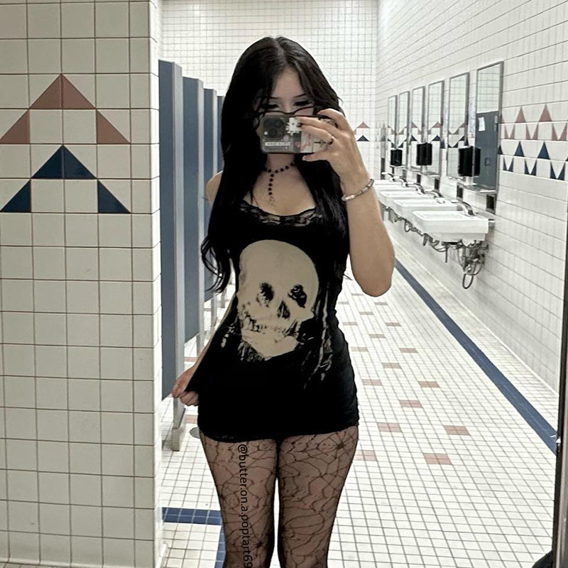 2024 Hot girl clothing Punk style gothic personalized graffiti printed sleeveless dress for women