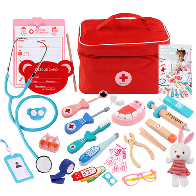 2021 New Wholesale Wooden pretend play doctor education toys for kids medical simulation medicine box dentist box set for kids