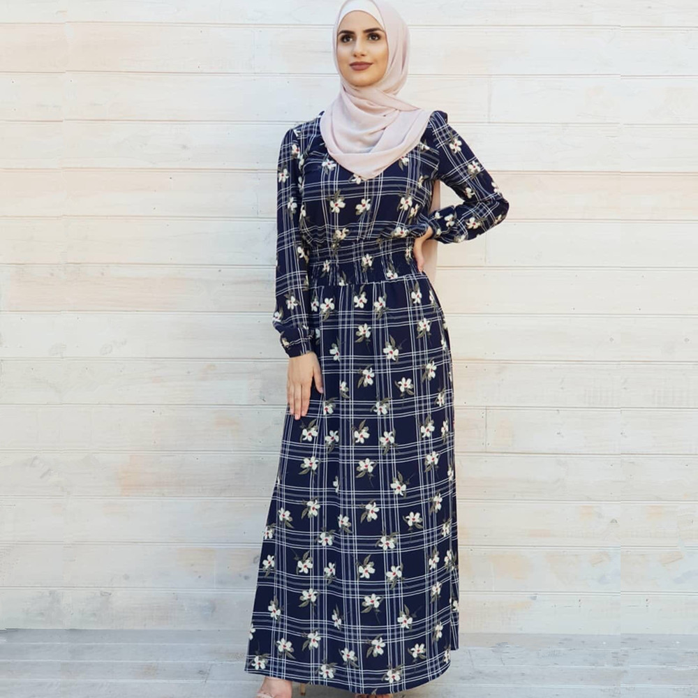polyester floral print long sleeve balloon sleeve cuff round neck corset long arabic abaya dress muslim dress ruffle abaya