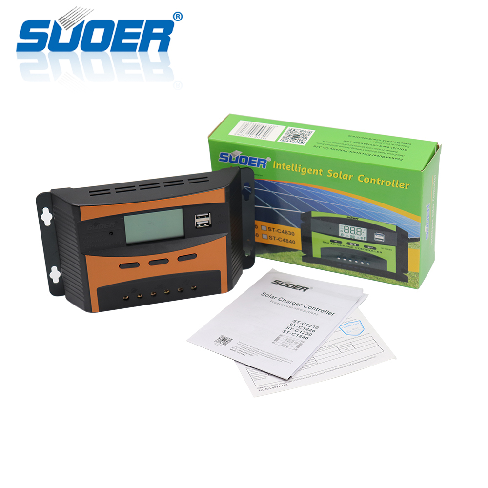 Suoer 12V 24V 40A 2 USB intelligent PWM manual solar charge controller with LCD Display