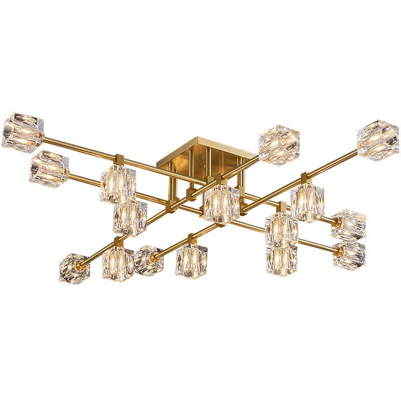 72W/96W/144W Gold Color Nordic Luxury Brass Material Custom Heads Crystal LED Ceiling Mounted Chandelier Lights