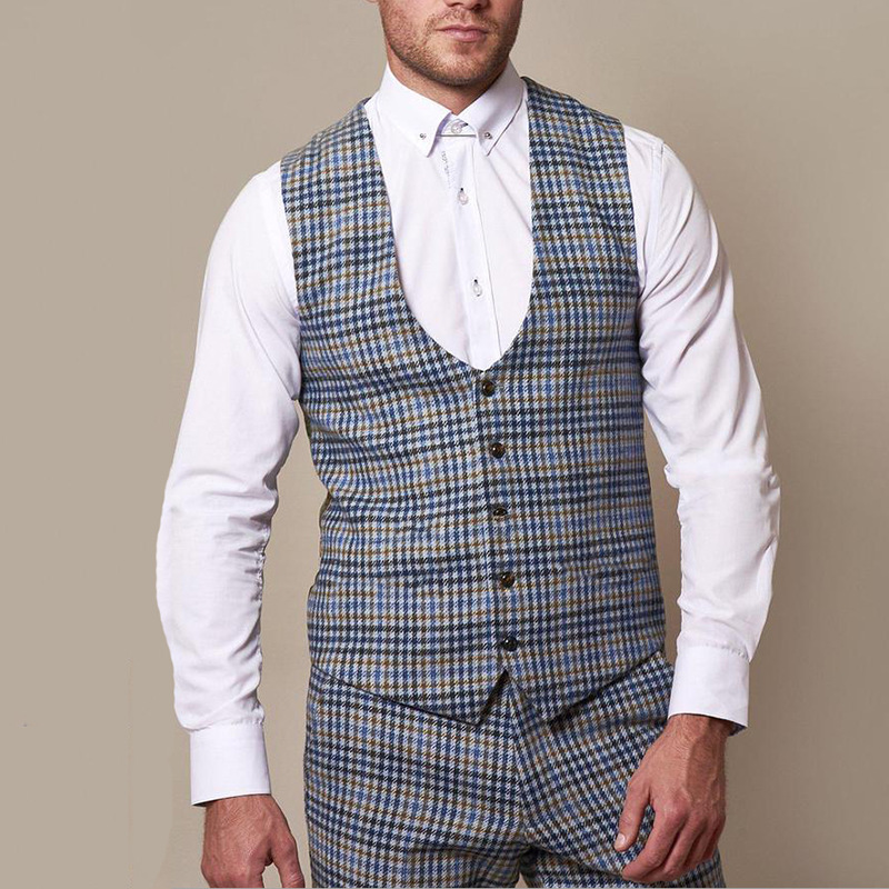 Men's Short Suit Waistcoat Button-up Slim Fit Dress Plaid Vest