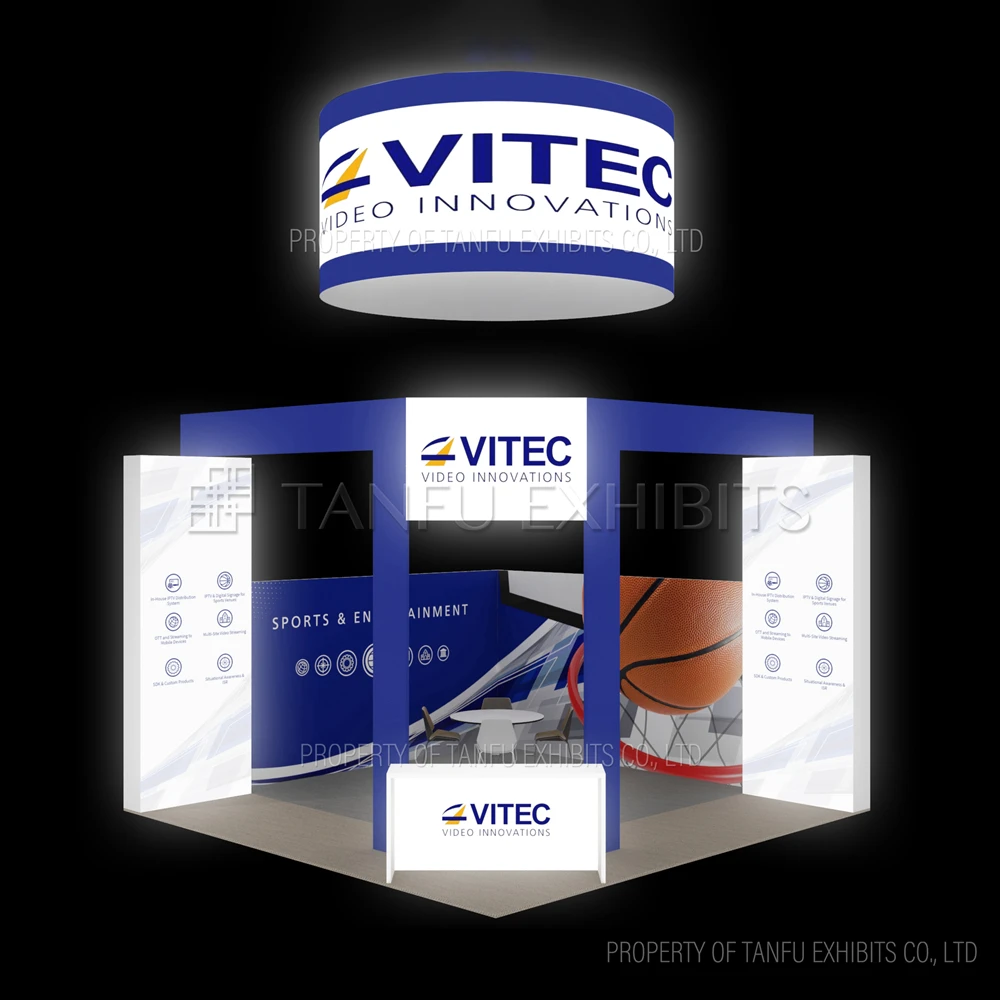 9m Island Tradeshow Booth with Round Hanging Banner