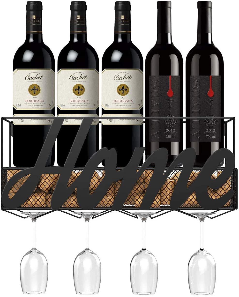 Premium Metal Wall Mounted Black Wine Rack with 4 Long Stem Glass Holder & Wine Cork Storage for Home Kitchen
