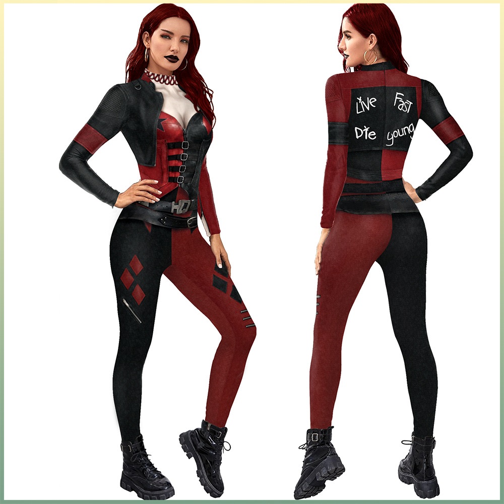 2021 New Cosplay Clown Women's Long Rompers Printed Slim Tight Bodysuit 3D Print Performance Costume