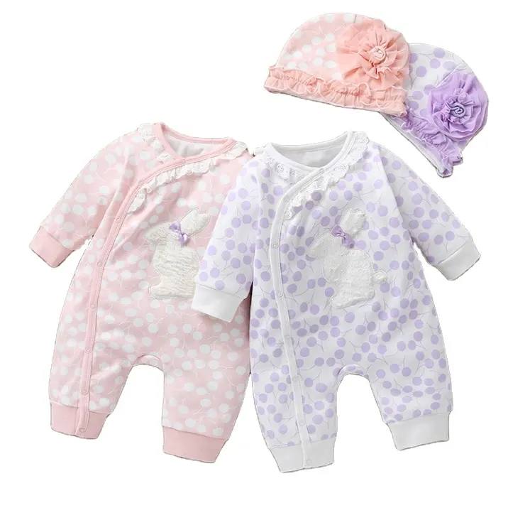 Fall Pure Cotton Baby Lace Long Sleeve Romper Wave Point Rabbit Printing Baby Girl Jumpsuit