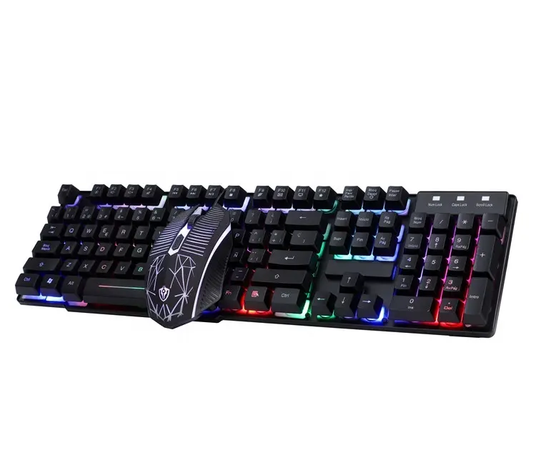 Проводная мультимедийная игровая клавиатура и мышь Espanol с 104 клавишами и подсветкой, с лазерной печатью, 1600 точек/дюйм, 4D мышь