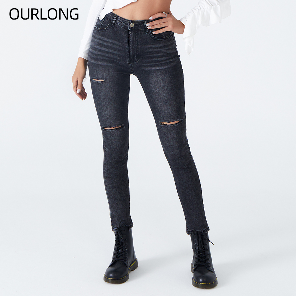 OURLONG black denim skinny sheath stretch ripped jean pencil pants for women