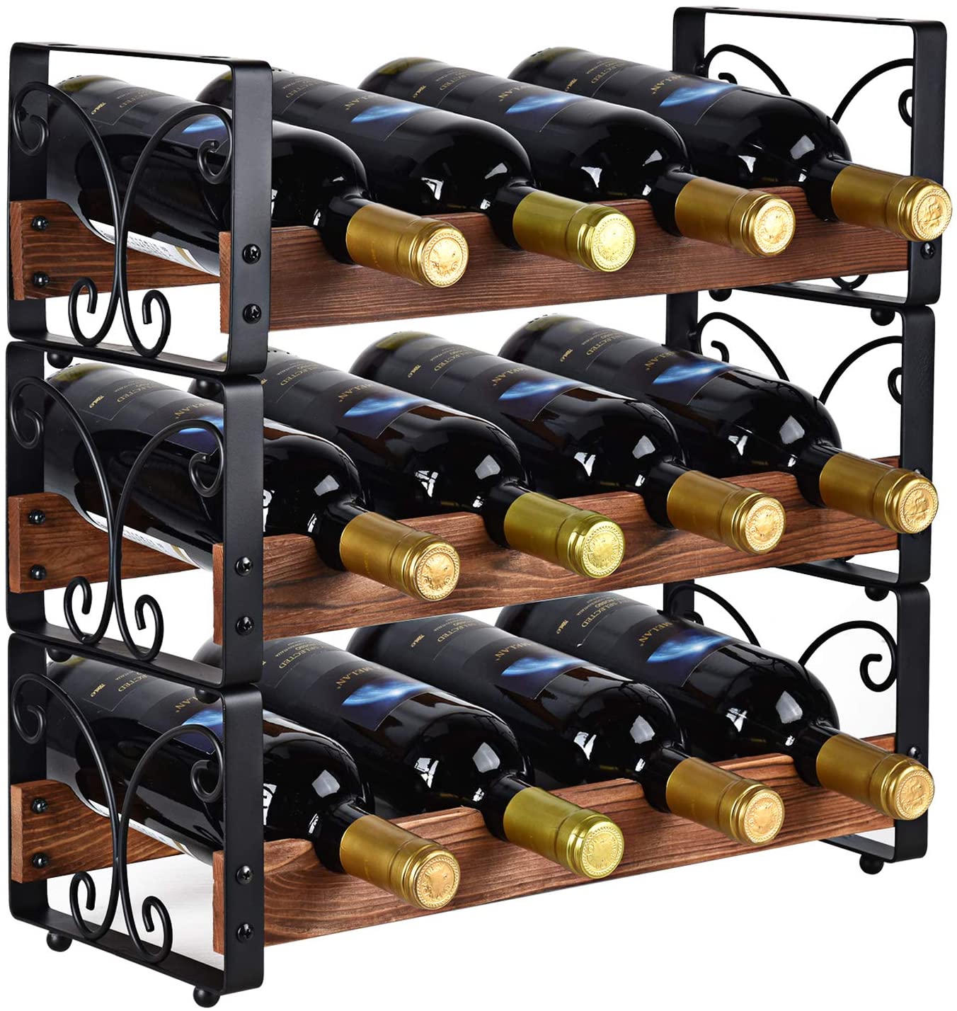 3 Tier Stackable Wine Rack Metal Freestanding 12 Bottles Storage Organizer Wine Bottle Holder wooden