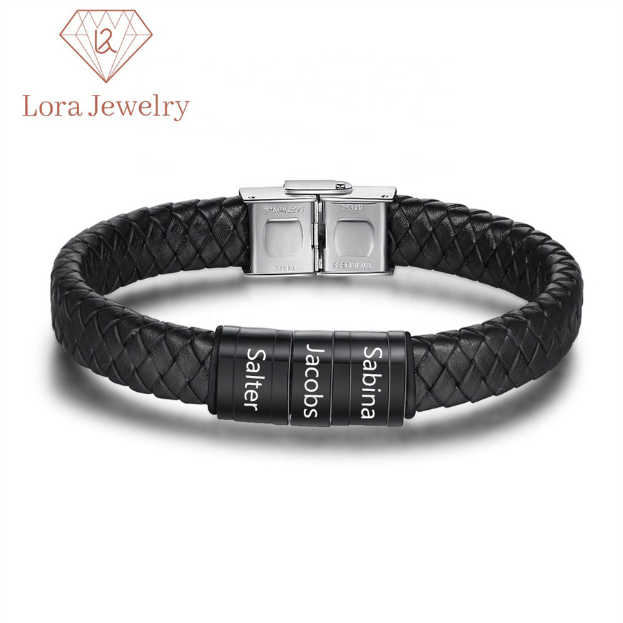 custom logo black color mens leather bracelet cool fashion custom printed magnetic clap & snap leather bracelets men