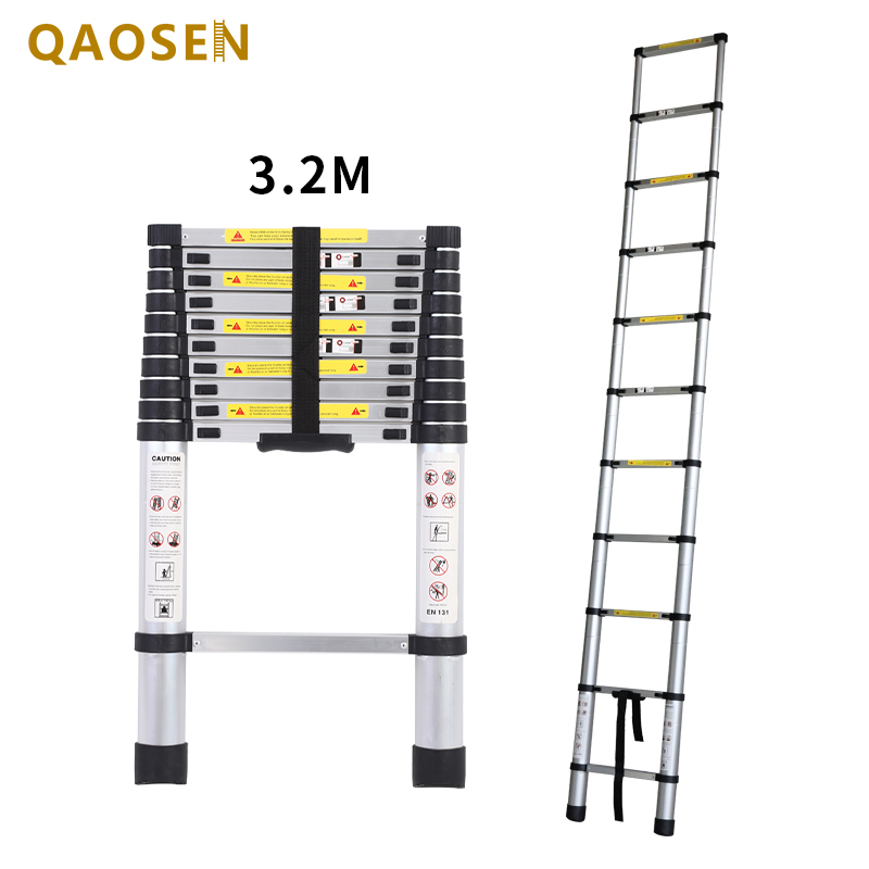 3.2m Single Telescopic Ladder Safety Stable Folding Ladders 150kg Load Capacity Silver Aluminum Industrial Outdoor Ningbo 50 PCS