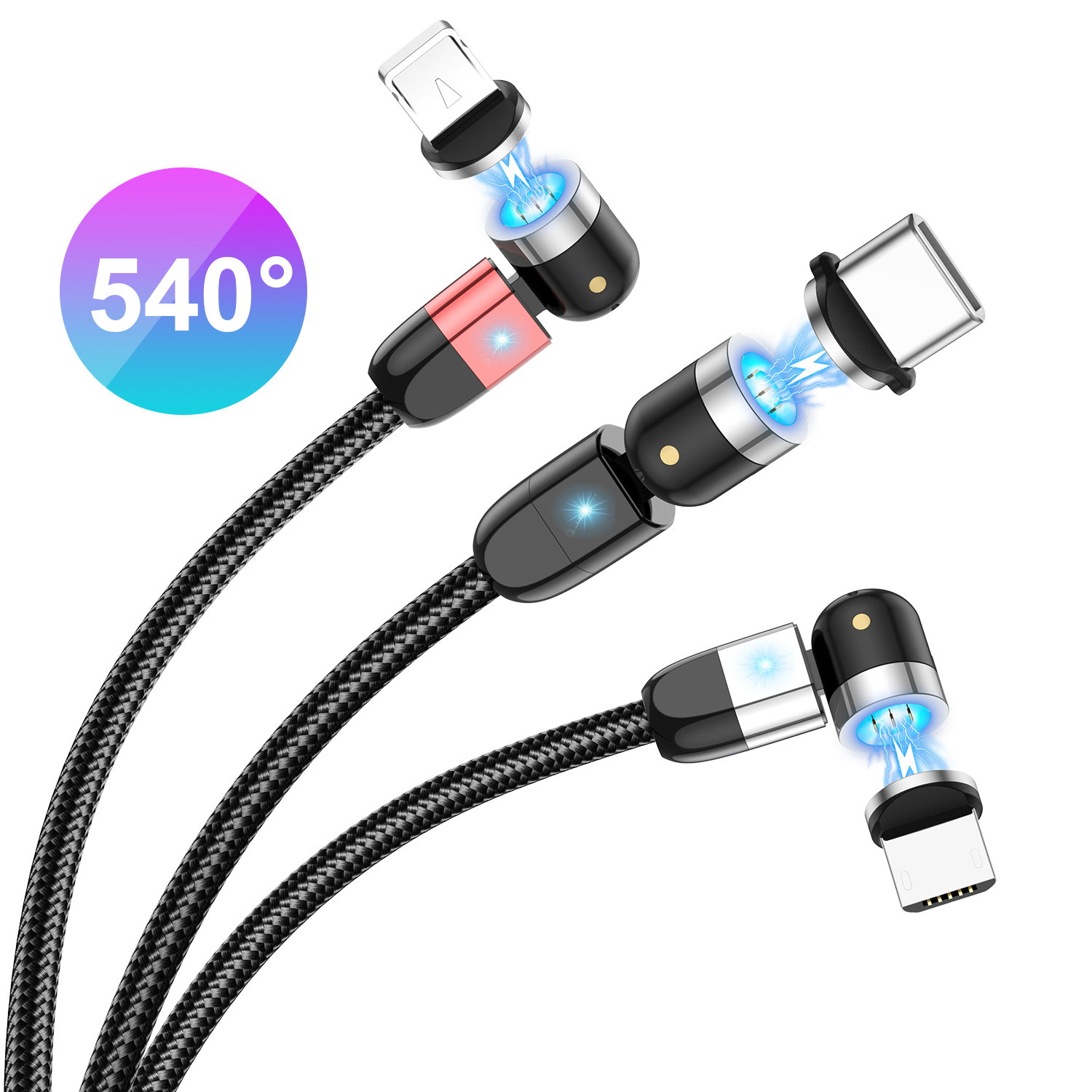 USLION 1M/2M 540 градусов Гибкая 3A Магнитный зарядный Дата телефонный кабель для зарядки и передачи данных для micro usb/type-c/ios 3 в 1 кабель для передачи данных