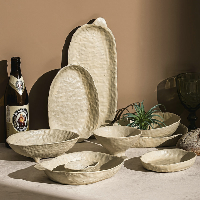 Hot Selling Nordic Style Handmade Ceramic Plate Rice Pottery Bowl Tableware Porcelain Dish Dinnerware Luxury Set